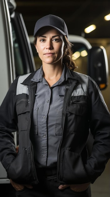 a woman in a grey shirt stands in front of a vehicle