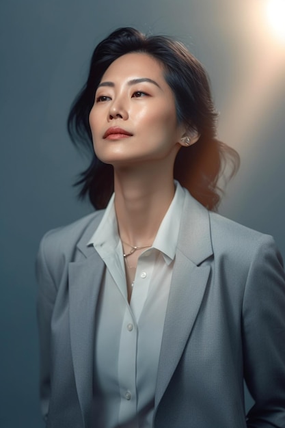 a woman in a grey suit and a light in the background