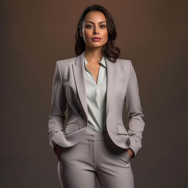 a woman in a grey suit stands in front of a brown background.