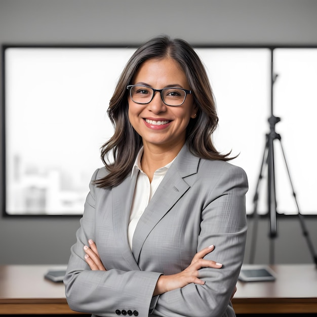 a woman in a grey suit stands in front of a camera