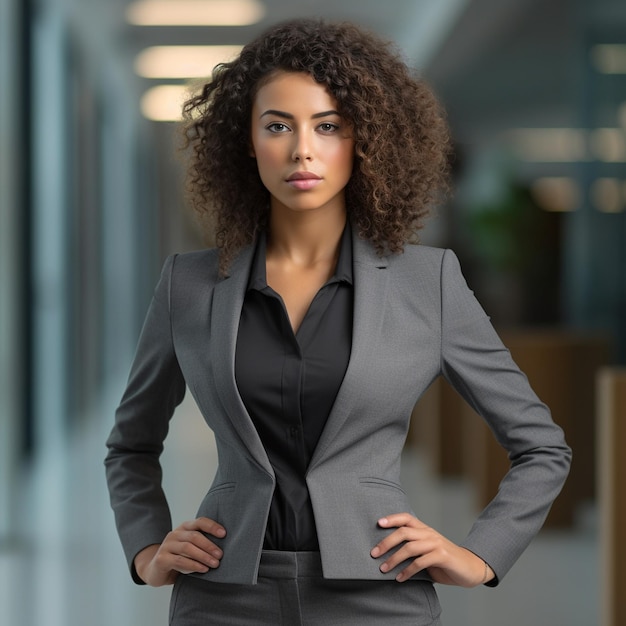 A woman in a grey suit stands in front of a large office.