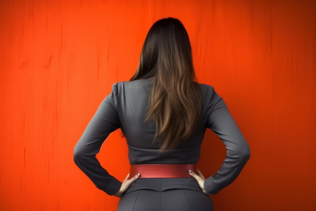 Женщина в сером костюме стоит перед красной стеной.