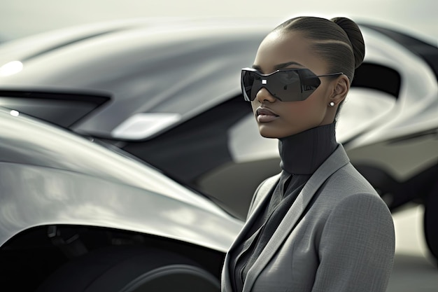 A woman in a grey suit stands in front of two cars.