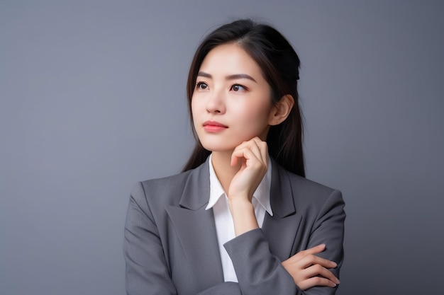 A woman in a grey suit with a hand on her chin