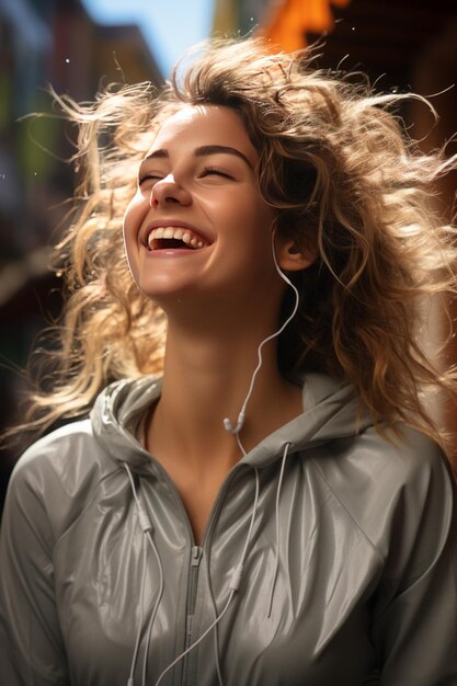 Photo woman in grey sweatshirt listening to music on earbuds