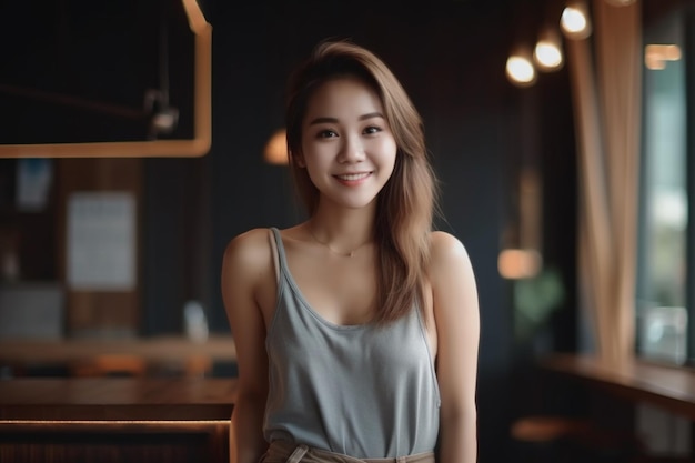 A woman in a grey tank top smiles at the camera.