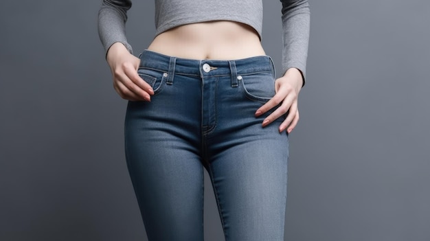 Photo a woman in a grey top and blue jeans stands against a gray background.