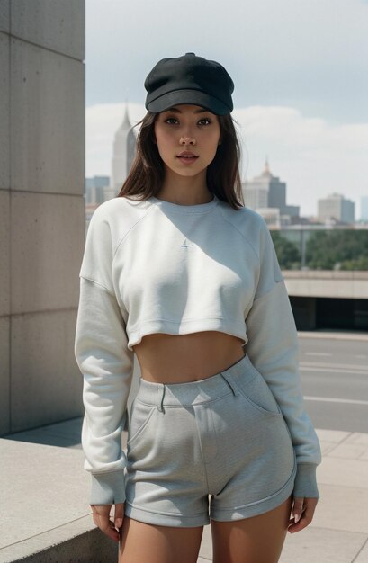 A woman in a Grey top with a cap