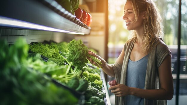 Woman grocery shopping choosing organic produce