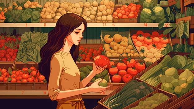 A woman in a grocery store holding a basket