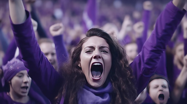 woman and group of fans celebrating and screaming supporting team in stadium seats wearing purpleExcited sports fans applauding for their team from stands