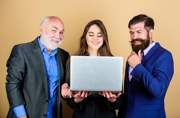 Woman and guy colleague working together Business plan Business lady and director or boss Discussing progress Expert team Business meeting Men bearded manager show financial report laptop