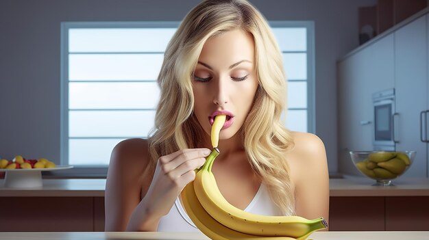 Foto donna in palestra che mangia una banana la donna sportiva aggiunge energia alla banana fresca donna con un asciugamano addosso