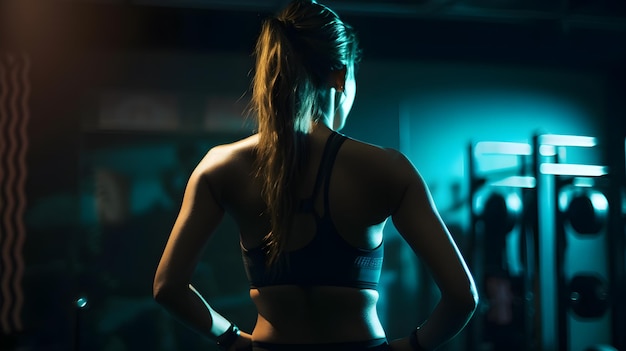 A woman in a gym stands in front of a blue light.