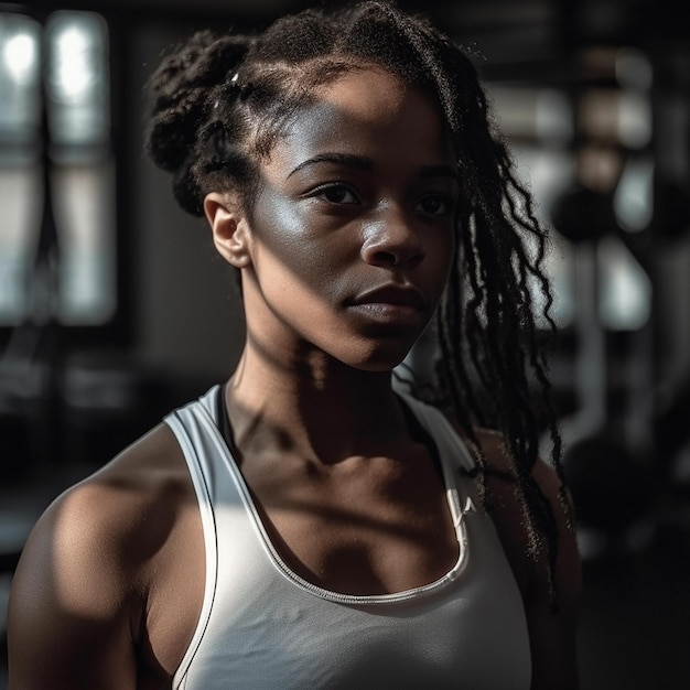 A woman in a gym wearing a white tank top and a white tank top stands in a gym.