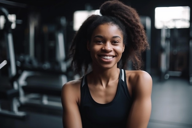 A woman in a gym with a black tank top smiles at the camera.