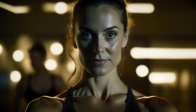 A woman in a gym with a dark background and a man in a black top.