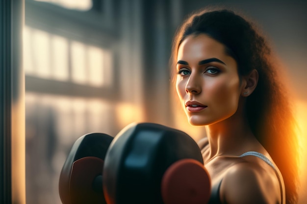 A woman in a gym with dumbbells in her hand.