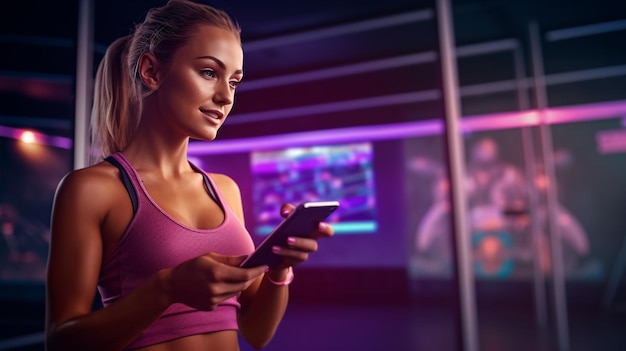 A woman in a gym with a phone in her hand