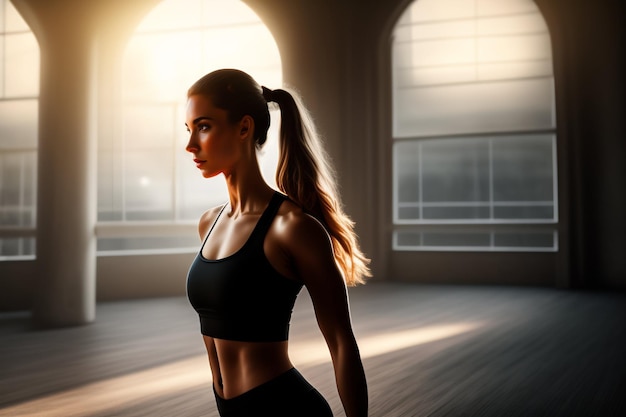 A woman in a gym with a ponytail stands in front of a window.