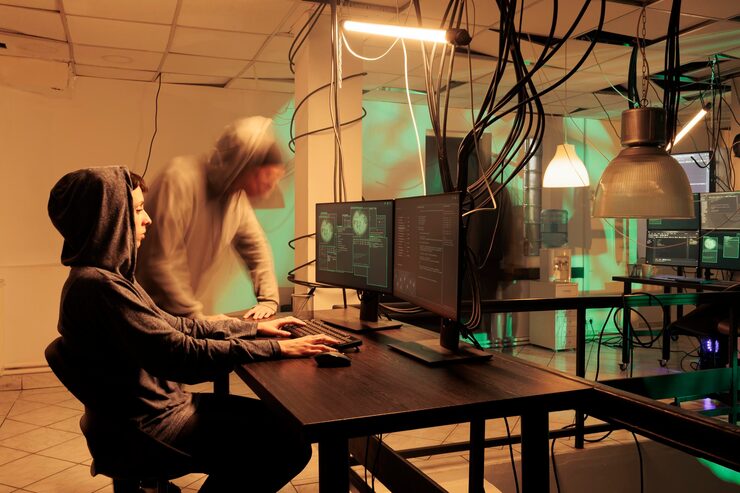 Photo woman hacker breaking into internet network system, coding computer worm program, developing malware. cybercrime, criminal cracking password, programming malicious software at night time