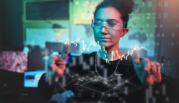 woman hacking glasses and cybersecurity hologram algorithm and code with malware futuristic technology and iot data protection overlay dashboard and programmer with virtual reality map for info