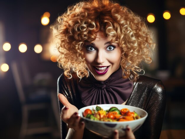 Foto donna in costume di halloween con in mano una ciotola di caramelle con un sorriso malizioso