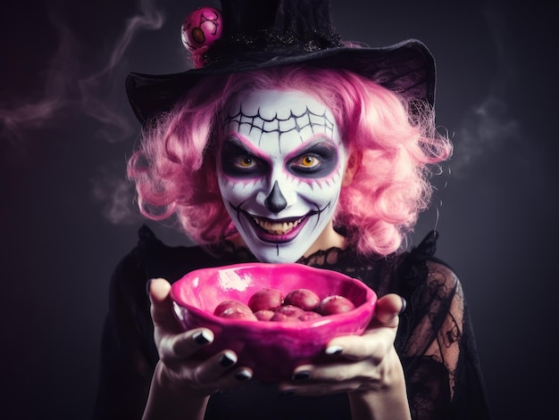 Woman in a Halloween costume holding a bowl of candy with mischievous grin