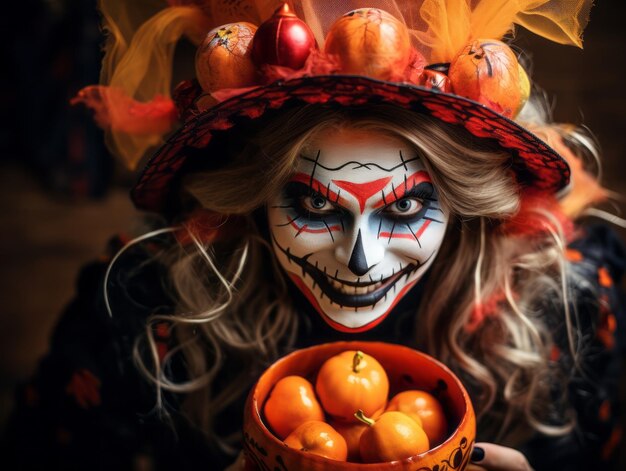 Woman in a Halloween costume holding a bowl of candy with mischievous grin