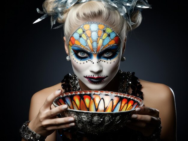 Woman in a Halloween costume holding a bowl of candy with mischievous grin