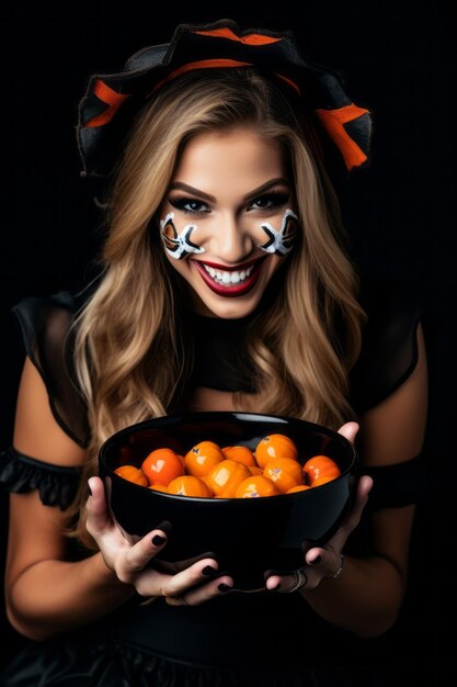 Foto donna in costume di halloween con in mano una ciotola di caramelle con un sorriso malizioso