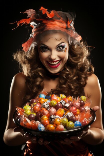 Foto donna in costume di halloween con in mano una ciotola di caramelle con un sorriso malizioso