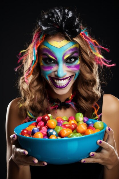 Woman in a Halloween costume holding a bowl of candy with mischievous grin