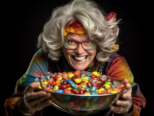 Woman in a Halloween costume holding a bowl of candy with mischievous grin