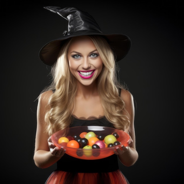 Женщина в костюме Хэллоуина держит миску конфет с озорной ухмылкой