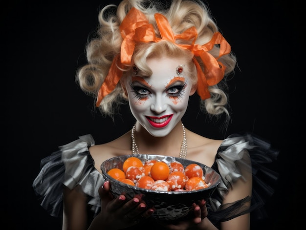 Photo woman in a halloween costume holding a bowl of candy with mischievous grin