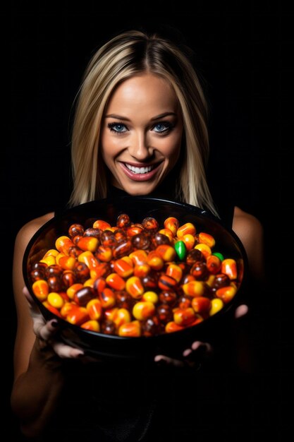 Foto donna in costume di halloween con in mano una ciotola di caramelle con un sorriso malizioso