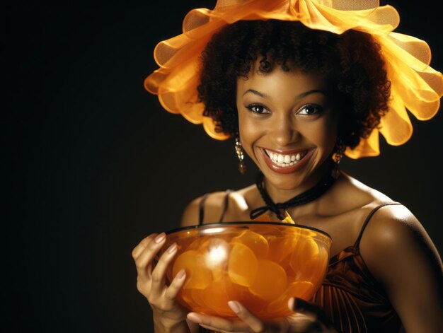 Foto donna in costume di halloween con in mano una ciotola di caramelle con un sorriso malizioso