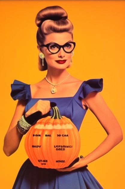 A woman in a halloween costume holds a pumpkin that says