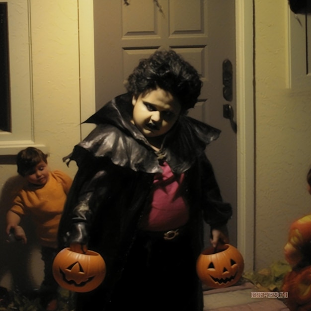 a woman in a halloween costume holds pumpkins.