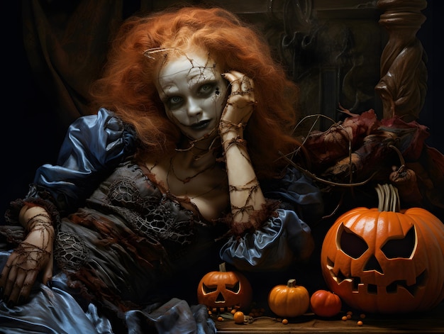 A woman in a halloween costume poses next to a pumpkin