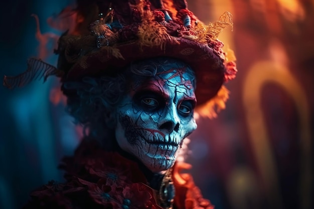 A woman in a halloween costume with a hat and a skull painted on her face