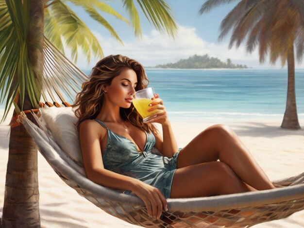 a woman in a hammock drinking juice on a beach