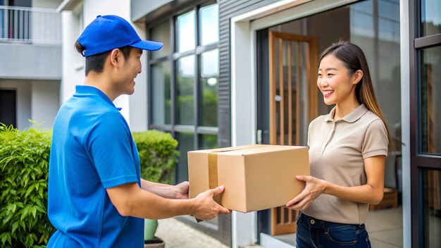 Photo woman hand accepting a delivery of boxes from deliveryman