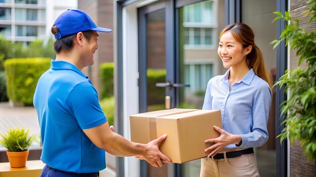 Photo woman hand accepting a delivery of boxes from deliveryman
