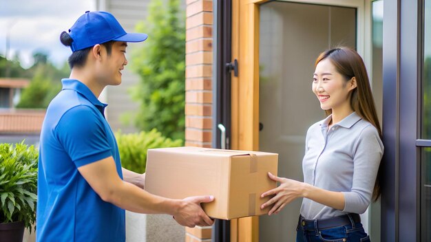 Photo woman hand accepting a delivery of boxes from deliveryman