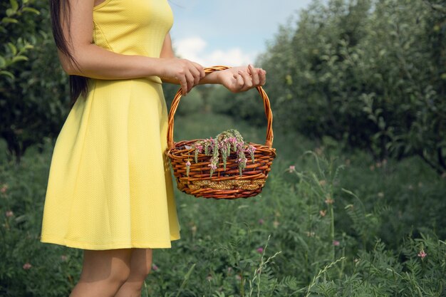 写真 庭の女性の手かご