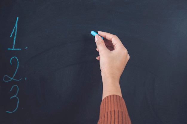 Woman hand chalk with plan text on board