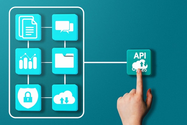Mano della donna che fa clic sul pulsante api che apre l'interfaccia vr. interfaccia di programmazione applicazioni.