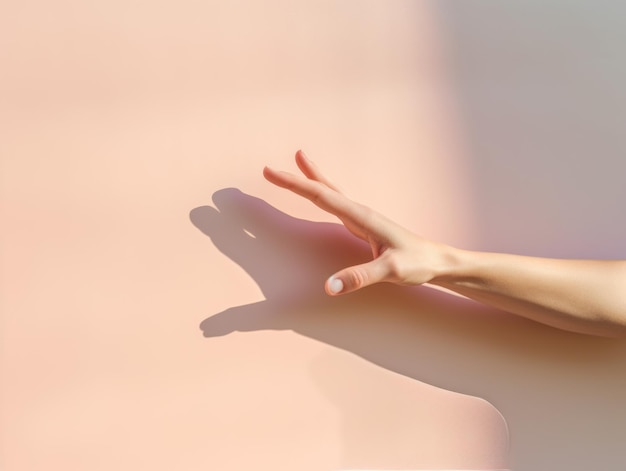 Photo a woman hand floating in front of a soft colored wall background